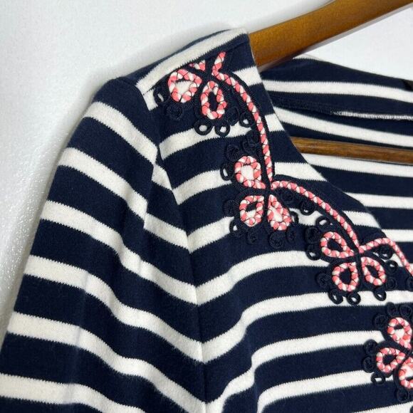 Talbots Black White Stripe Dress M Embroidered Boho Classic 3/4 Sleeve - Picture 3 of 8